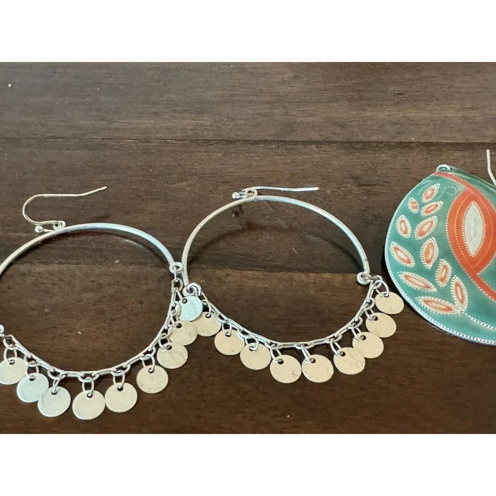 2‎ Pair Dangle Earrings with Silver Tone Metal Accents Used Pierced Ears
